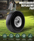 Wheelbarrow replacement featuring 4.10/3.50-4 tire & wheel flat free, heavy duty solid PU non-inflated tires, suitable for garden carts.