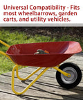 Red wheelbarrow with 14.5" wheelbarrow tire, 3.50-8" flat-free solid tire and wheel, showing universal compatibility feature.