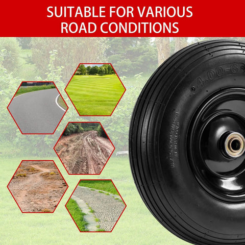 ✝️ (2-pack) 4.00-6 wheelbarrow tires, shown with various road conditions for versatile use and steady alignment