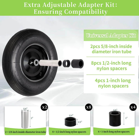 ✝️ (2 pack) 4.80/4.00-8 tire and wheel, 16" pneumatic wheelbarrow tires with 3" centered hub and 3/4" bearings, adapter kit