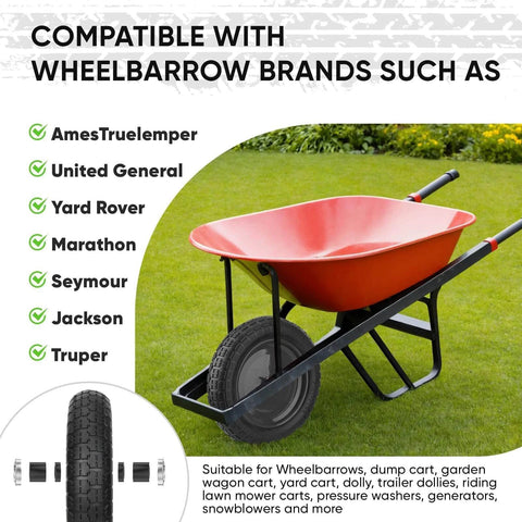 Red wheelbarrow with 4.80/4.00-8 Flat Free Wheelbarrow Tire and Wheel, 14.5 Inch Solid Polyurethane Wheel on grass
