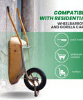 Old wheelbarrow with text highlighting compatibility with residential wheelbarrows and gorilla carts, yard trailers, and pressure washers.