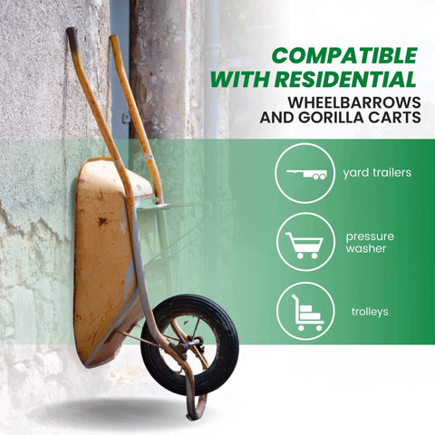 Old wheelbarrow with text highlighting compatibility with residential wheelbarrows and gorilla carts, yard trailers, and pressure washers.