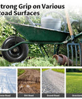Wheelbarrow with 13" flat free tire on diverse surfaces including snow, dirt, gravel, and grassland