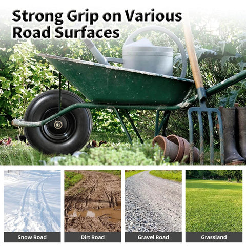 Wheelbarrow with 13" flat free tire on diverse surfaces including snow, dirt, gravel, and grassland