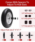 14.5" wheelbarrow tire, 3.50-8" flat-free solid tire and wheel with spacers for adjustable hub sizes, bearings shown