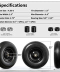 Specifications for Wheelbarrow wheel 4.00-6 tire 13 flat free wheelbarrow tires, solid wheel barrow wheels with bearings and spacers.