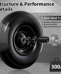 Close-up of wheelbarrow wheel 4.00-6 tire 13"flat free with anti-skid tread and bearings, showing structure and performance details.