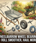 Illustration of wheelbarrow assembly for 4 Pack Sealed Flanged Ball Bearings For Lawn Mowers And Outdoor Carts, Inside Diameter Three Quarters Inch, Outside Diameter One And Three Eighths Inches, Thickness One Half Inch, Chrome Steel Construction, Durable Replacement For Wheel Bearings 532009040 and a gardener working in a colorful garden with various vegetables.
