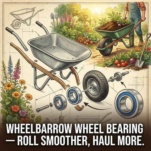 Illustration of wheelbarrow assembly for 4 Pack Sealed Flanged Ball Bearings For Lawn Mowers And Outdoor Carts, Inside Diameter Three Quarters Inch, Outside Diameter One And Three Eighths Inches, Thickness One Half Inch, Chrome Steel Construction, Durable Replacement For Wheel Bearings 532009040 and a gardener working in a colorful garden with various vegetables.