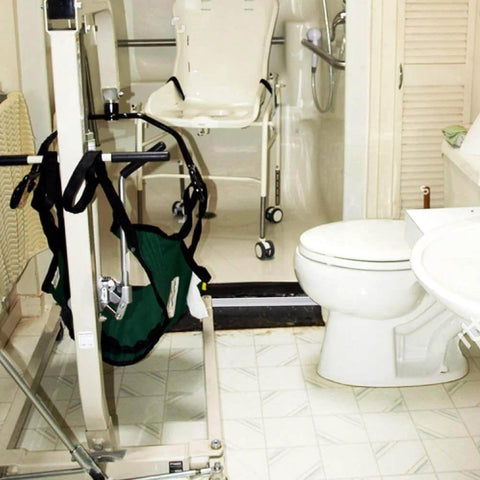 Bathroom with 67 Inch Collapsible Shower Threshold Water Dam installed for wheelchair accessible ADA showers.