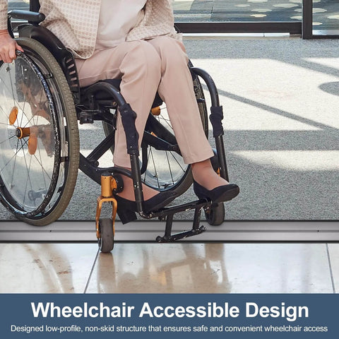 Wheelchair user crossing threshold with Aluminum Metal Door Threshold, Floor Transition Strip, 36'' L x 4'' W x 0.1'' H, Flat-Profile Threshold