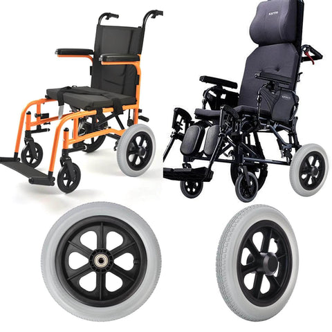2 Pack 12 Inch Solid Plastic Spoked Wheelchair Replacement Wheels with Hard Rubber Tires displayed with manual wheelchairs.