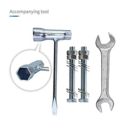 Set of tools including a T-wrench, bolts, and a spanner, accompanying the 12 Inch Wheelchair Wheels Replacement (1 Pair)