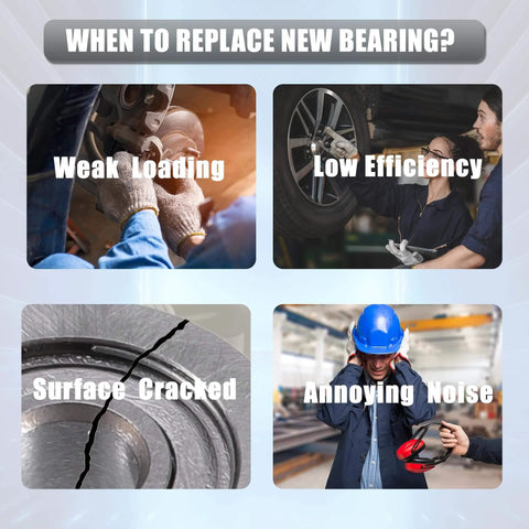 Image showing indicators for bearing replacement: weak loading, low efficiency, surface cracked, annoying noise.
