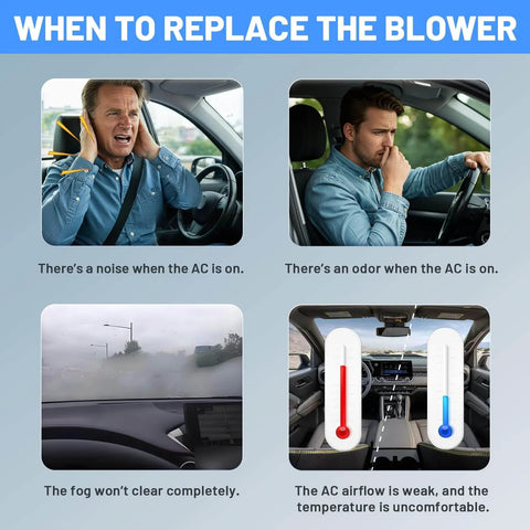Image showing signs to replace the HVAC blower motor: noise, odor, fog, weak airflow in car.