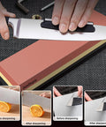 Complete Knife Sharpening Stone Set With Dual Grit Whetstones Grit 400 1000 And 3000 8000 in use with angle guide on kitchen knife.