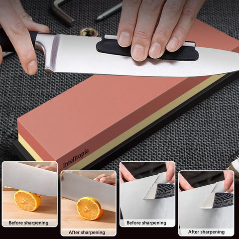 Complete Knife Sharpening Stone Set With Dual Grit Whetstones Grit 400 1000 And 3000 8000 in use with angle guide on kitchen knife.