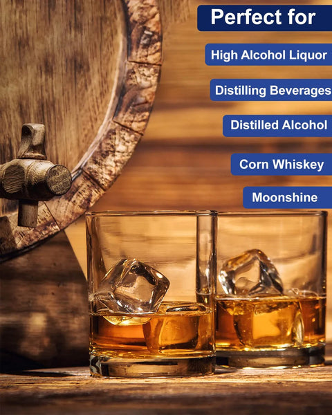 home distiller alcohol hydrometer kit showcasing whiskey glasses with ice and a wooden barrel, ideal for high alcohol beverages