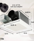 WhisperFit Retrofit Ceiling Mount Bathroom Exhaust Fan With DC ECM Motor, Energy Star, SmartFlow Technology, 50 80 110 CFM dimensions shown