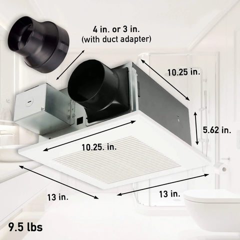 WhisperFit Retrofit Ceiling Mount Bathroom Exhaust Fan With DC ECM Motor, Energy Star, SmartFlow Technology, 50 80 110 CFM dimensions shown