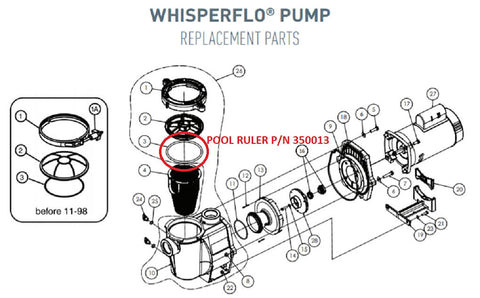 Diagram showing replacement parts for WhisperFlo pump with highlighted O Ring Replacement Kit For Pool Pumps 350013 2 Pack With Lubricant.
