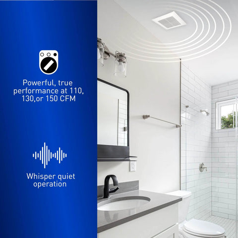 WhisperQuiet Ceiling Vent Fan With SmartFlow DC Motor For Bathrooms And Laundry Rooms 110 130 150 CFM Energy Star Certified installed in bathroom