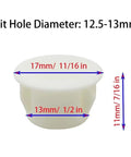 White 30 Pack 13mm Plastic Hole Plugs For 12 To 13mm Holes Fits Half Inch Openings with size dimensions shown.
