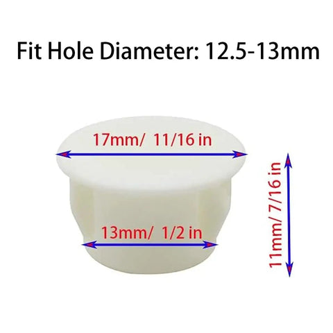 White 30 Pack 13mm Plastic Hole Plugs For 12 To 13mm Holes Fits Half Inch Openings with size dimensions shown.