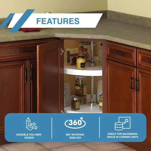 Two Tier Full Round Lazy Susan Cabinet Organizer with 18 Inch Diameter installed in corner cabinet, showing open doors and shelves
