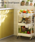 Versatile 3 Tier Rolling Cart With Locking Wheels Hanging Cups And Hooks Heavy Duty Metal Storage Organizer in kitchen corner