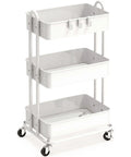 Sturdy 3-Tier Metal Utility Cart On Wheels In White, Heavy Duty Steel Frame With Durable Baskets, Four 2-Inch Casters For Easy Mobility