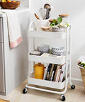 Versatile 3 Tier Rolling Utility Cart With Lockable Wheels For Kitchen And Home Storage Portable Mobile Shelving Unit With Three Mesh Bottom Bins Durable Metal Frame In White By Amazon Basics