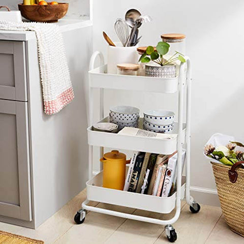 Versatile 3 Tier Rolling Utility Cart With Lockable Wheels For Kitchen And Home Storage Portable Mobile Shelving Unit With Three Mesh Bottom Bins Durable Metal Frame In White By Amazon Basics