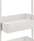 Close-up of Versatile 3 Tier Rolling Utility Cart With Lockable Wheels For Kitchen And Home Storage Portable Mobile Shelving Unit With Three Mesh Bottom Bins Durable Metal Frame In White By Amazon Basics showing middle mesh bin in white metal frame.