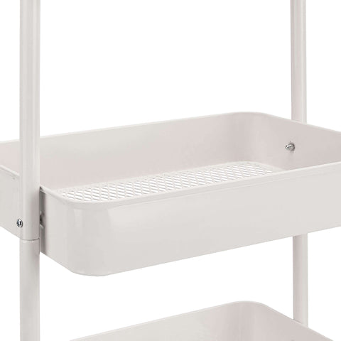 Close-up of Versatile 3 Tier Rolling Utility Cart With Lockable Wheels For Kitchen And Home Storage Portable Mobile Shelving Unit With Three Mesh Bottom Bins Durable Metal Frame In White By Amazon Basics showing middle mesh bin in white metal frame.
