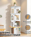 Four Tier Rotating Bookshelf Tower With 360 Degree Spin For Corner Spaces in white finish, displayed in a living room setting.