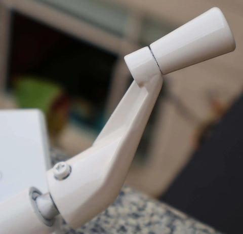 Casement Window Crank Handle Replacement White Three Eighths Inch Spline Socket 360 Degree Operation Zinc Alloy, close-up view