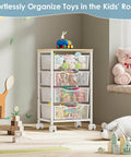 Rolling Storage Cart With Four Drawers And Wooden Top Metal Frame Lockable Wheels And Smooth Slide Drawers A Must Have Craft Organizer For Living Room Bedroom Office And Classroom In Bright White filled with toys.