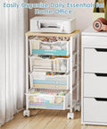 Rolling Storage Cart With Four Drawers And Wooden Top Metal Frame Lockable Wheels And Smooth Slide Drawers A Must Have Craft Organizer For Living Room Bedroom Office And Classroom In Bright White placed next to desk
