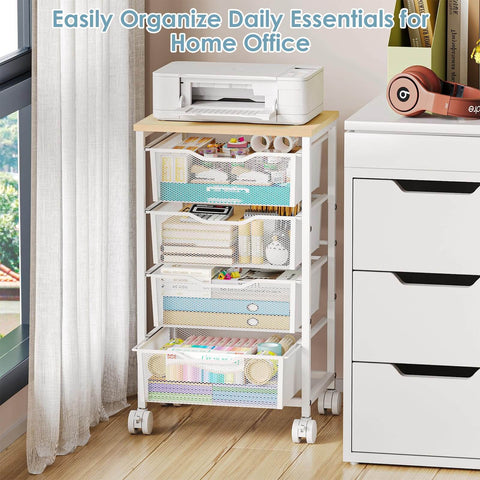Rolling Storage Cart With Four Drawers And Wooden Top Metal Frame Lockable Wheels And Smooth Slide Drawers A Must Have Craft Organizer For Living Room Bedroom Office And Classroom In Bright White placed next to desk