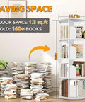 Four Tier Rotating Bookshelf Tower With 360 Degree Spin For Corner Spaces, shown next to 160+ books, 50in high and 15.7in wide.
