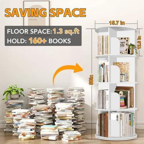Four Tier Rotating Bookshelf Tower With 360 Degree Spin For Corner Spaces, shown next to 160+ books, 50in high and 15.7in wide.