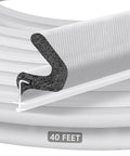 Close-up of 40FT Extra Long Kerf Weather Stripping Door Seal for Large Gaps showing 40-foot length and 5/32 inch spine in white.