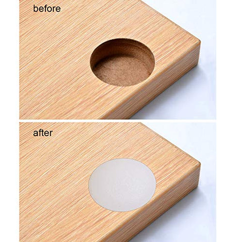 Comparison of wooden surface before and after using White 5mm Plastic Hole Plugs Pack Of 300 Button Top Screw Covers For Cabinets.