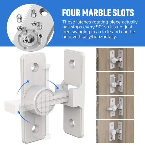 90 Degree Flip Barn Door Lock Heavy Duty Sliding Gate Latch For Garden Bathroom Garage And Sliding Doors White 1 Pack Durable Zinc Alloy Construction With Easy Installation And Corrosion Resistant Finish featuring detail of four marble slots and installation views