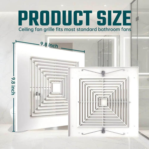 Front and back view of Spring Loaded 10x10 Inch Bathroom Exhaust Fan Cover In White ABS Plastic Square Ceiling Or Wall Mount Grille Replacement With Air Diffuser Standard Lightweight Size Fits 10x10 In Grilles Easy Install