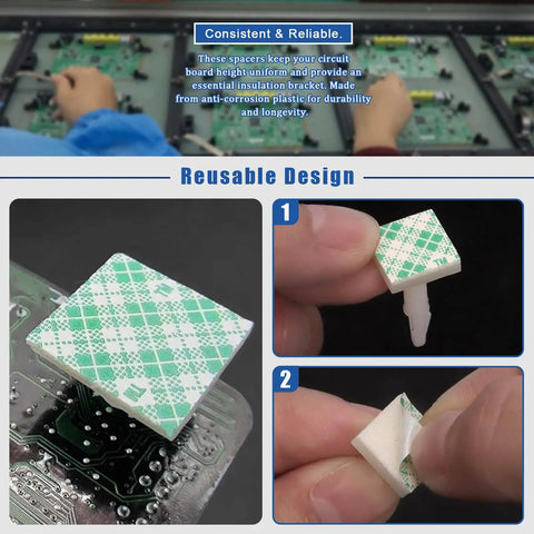 Close-up of Sticky PCB Spacers 125 Pcs Set With Five Heights 4.8mm 7.9mm 11mm 14.2mm 15.8mm White Adhesive Insulated Standoff Posts.
