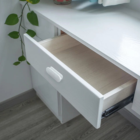 White plastic stick-on handle on open drawer; 2 Pack Self Adhesive Push Pull Cabinet Handles No Drilling Plastic Stick On