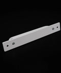 Two White Aluminum Barn Door Handles With Screws For Cupboard Cabinet Wardrobe And Drawer, side view on black background.